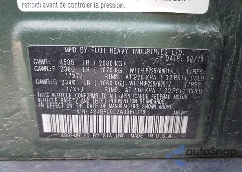 2010 Subaru Outback 2.5I Premium z USA, uszkodzony, nr VIN 4S4BRCCC2A3360310